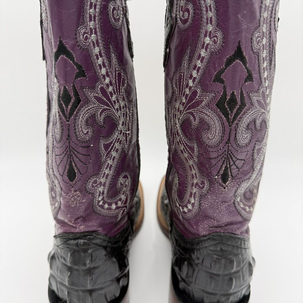 Ferrini Rancher Caiman Print Boots Handcrafted Black purple crocodile Women sz 7 - Picture 8 of 8